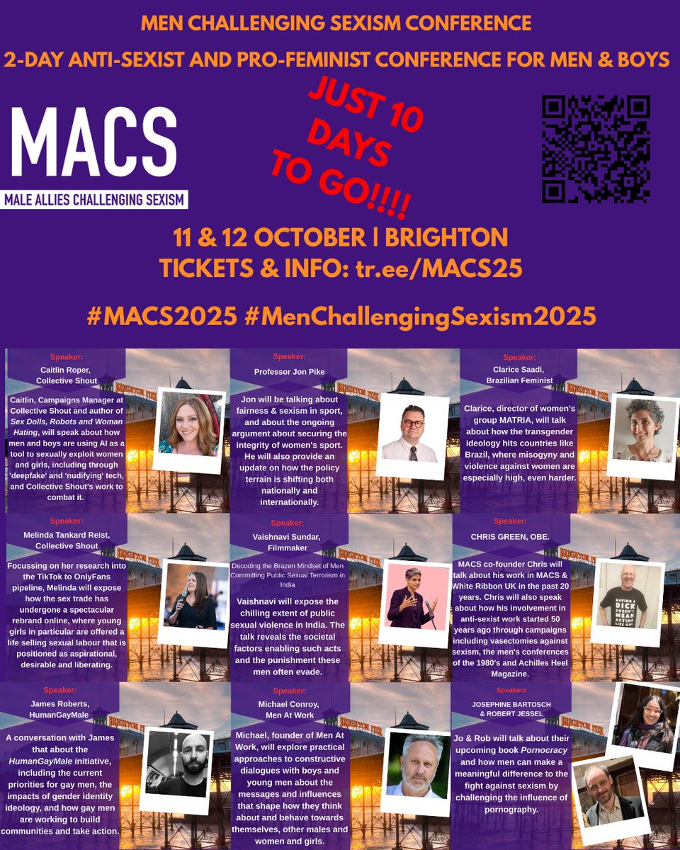 MenVSexism's tweet photo. Just 10 days to go until the #MenChallengingSexism2025 conference in #Brighton.

Join us for conversations about how men can be more empathetic humans, pornography, gay rights, women's sports &amp; challenging male violence against women &amp; girls.

https://t.co/jWUitFEUBK

#MACS2025 https://t.co/17hU1RIZd4