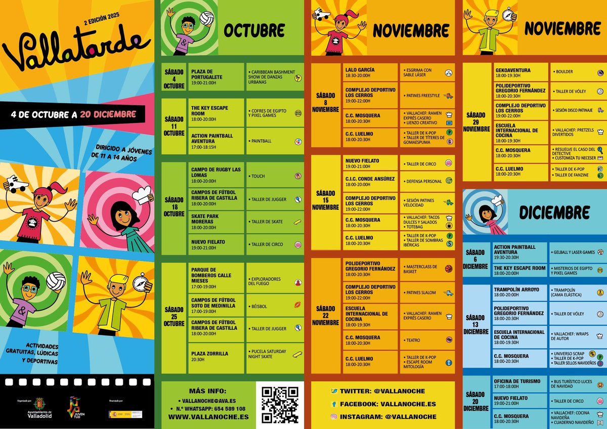 vallanoche's tweet photo. Las actividades de Otoño 🍂 de fin de semana de VallanoChe(14 a 30 años) &amp; VallaTarde(11 a 14 años) ya están aquí con Ocio Alternativo y gratuito #valladolid con ganas de🛼🛹⛹🏼‍♂️🤿🩳🤺👻🤖👩🏻‍💻🧟‍♀️⚽️🤼‍♀️🤸‍♀️👷‍♂️🗣🎙🏀🧱🎾🪄👾🎭🏊🏼‍♂️🏐🎨🎪🎲📸🏰🧭🗺🎛🎧🔵👟🔐🕵🏼‍♀️🧑🏻‍🎤🎃👩‍🎨 +info https://t.co/6FeJIrcKrd https://t.co/EwbueVg5JT