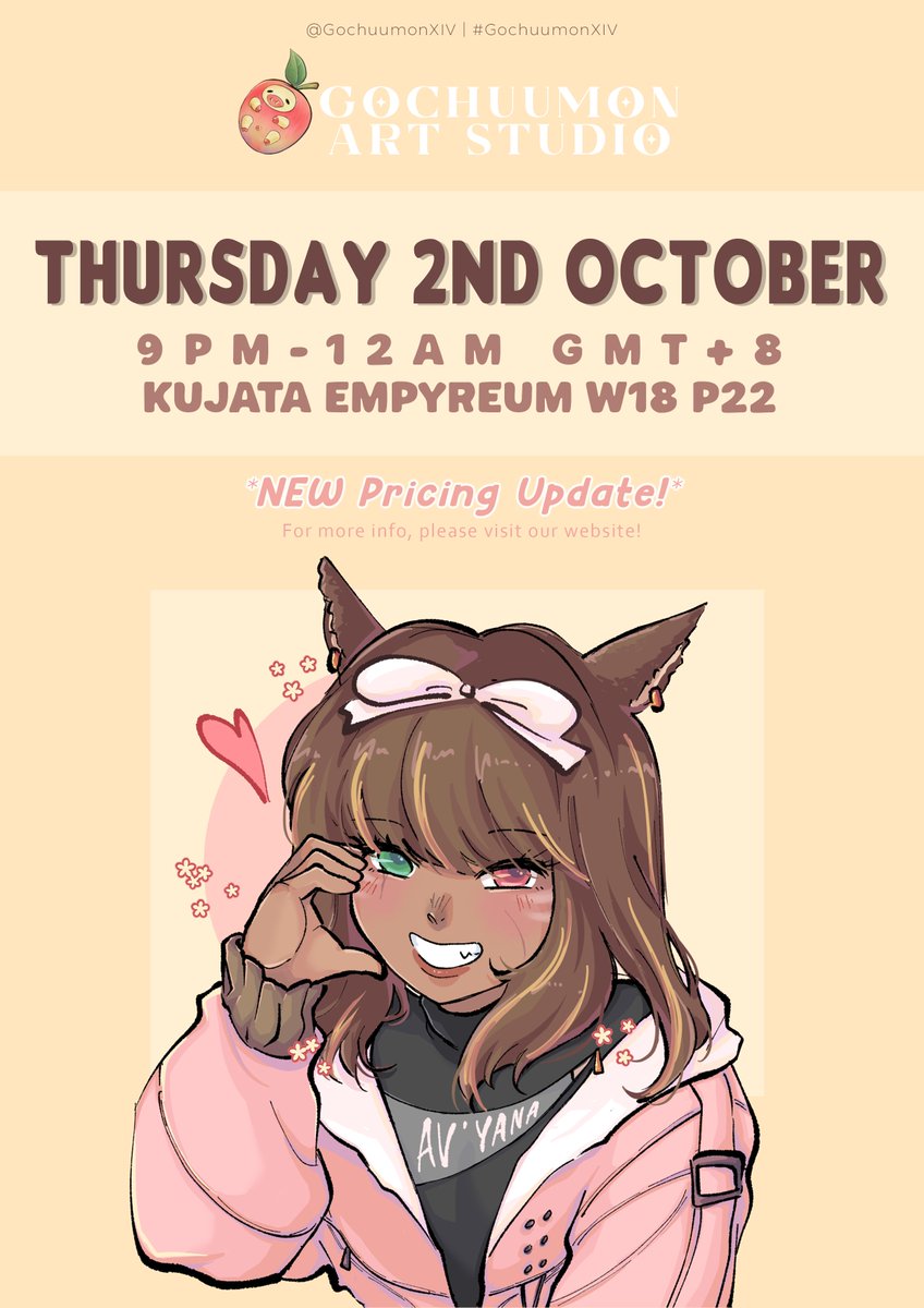 Gochuumon is opening this Thursday!

⏰Thursday 2nd Oct  | 9PM - 12AM GMT+8
📌 Kujata Empyreum W18 P22

We have adjusted the prices of our art comms - see more details at:  gochuumonart.carrd.co/#service

🎨Art Credit: <a href="/lycalleon/">📌‼️ june @ Congrats digital release! 💐</a> 
#GochuumonXIV