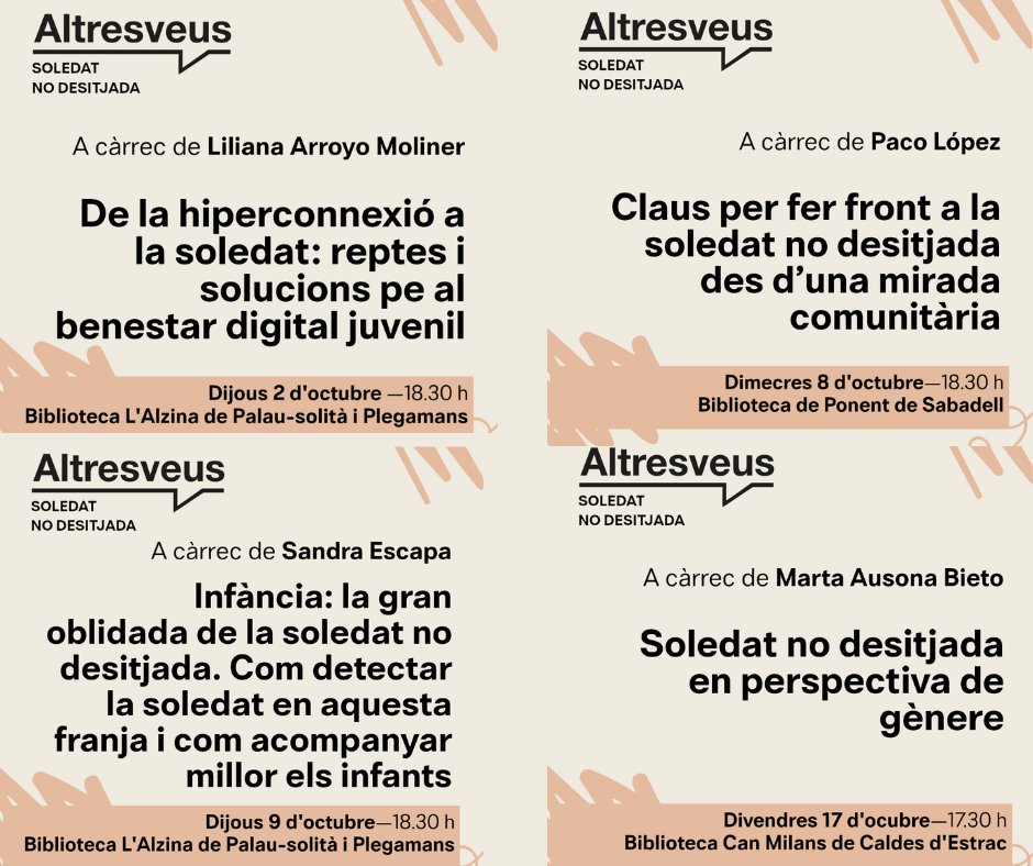 bibliotequesXBM's tweet image. 🗣️Altres Veus: cicle “Soledat no desitjada al llarg del cicle de vida: de la soledat a la comunitat”, coordinat per Obra Social Sant Joan de Déu. T&apos;oferim un 🪭ventall de 🗨️conferències a #bibliotequesXBM sobre la soledat. 
#AltresVeus #SoledatNoDesitjada @SolidaritatSJD…