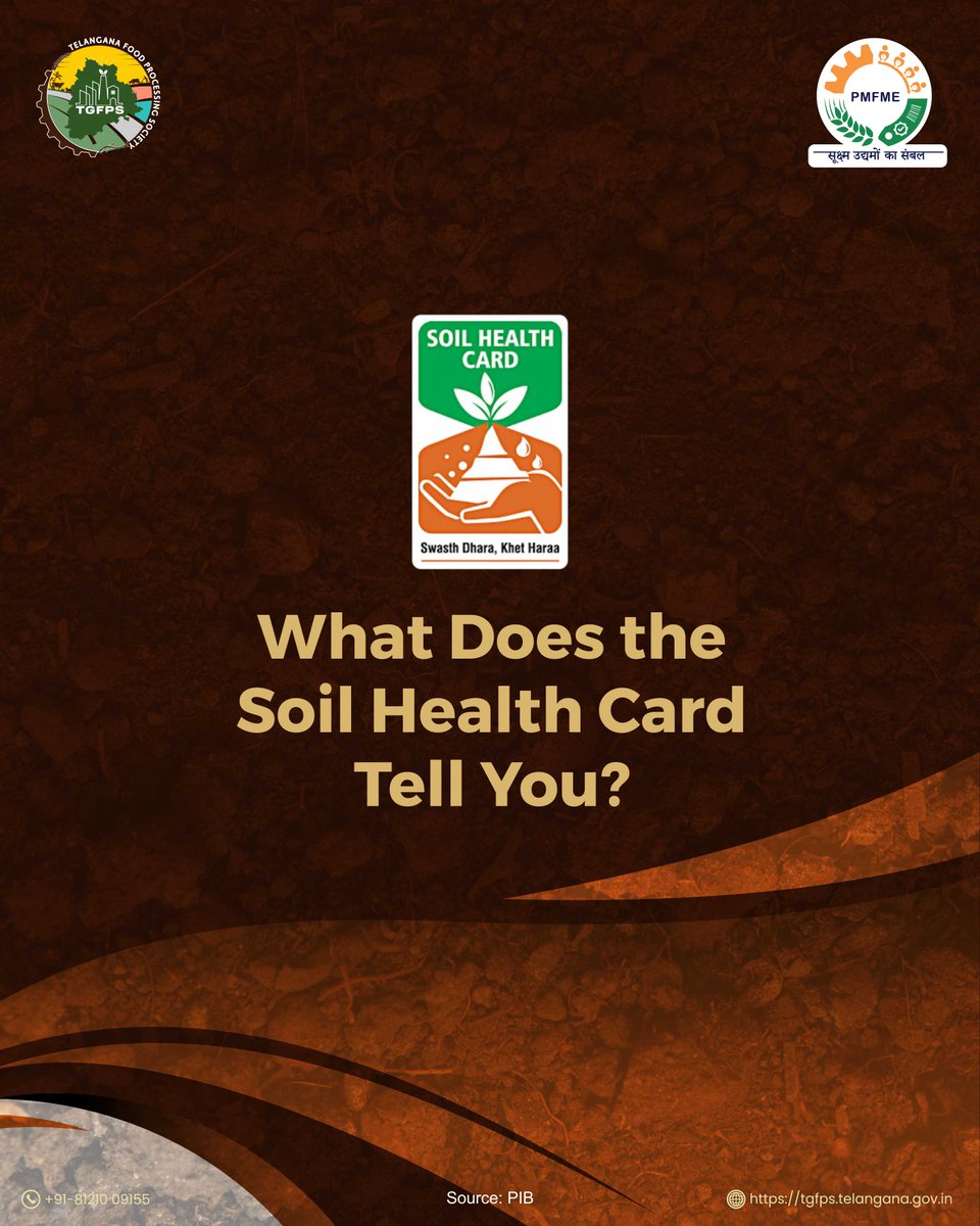PmfmeTelangana's tweet image. Healthy soils grow healthy crops 🌱 
The Soil Health Card helps farmers understand their land better and make informed choices for higher productivity. 
Discover  how it works! 

#PMFME #Telangana #PMFMEScheme #SoilManagement #CropYield  #SoilHealth #Agriculture #HealthySoils…