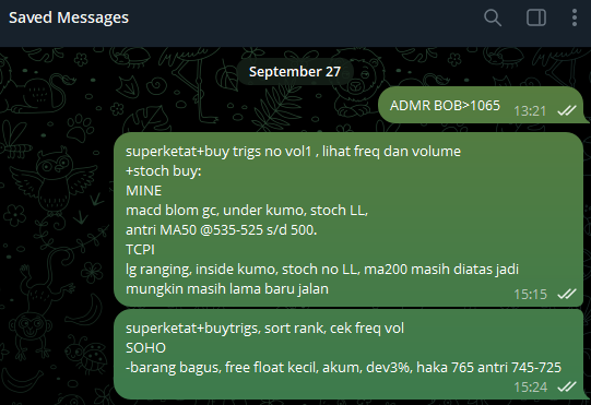 A_6un's tweet photo. @stockmapping #LawanJudolDenganInvestasi
analisa SOHO 27 sept, sabtu. 
harga diatas semua MA, four horsemen dan mantul di 3 musketeers PGK, ada akum juga, macd dan stoch juga baru gc. bisa haka dan pasang antri juga di MA terdekat. secara funda juga bagus, dan ada deviden. https://t.co/OoLJnaodkc