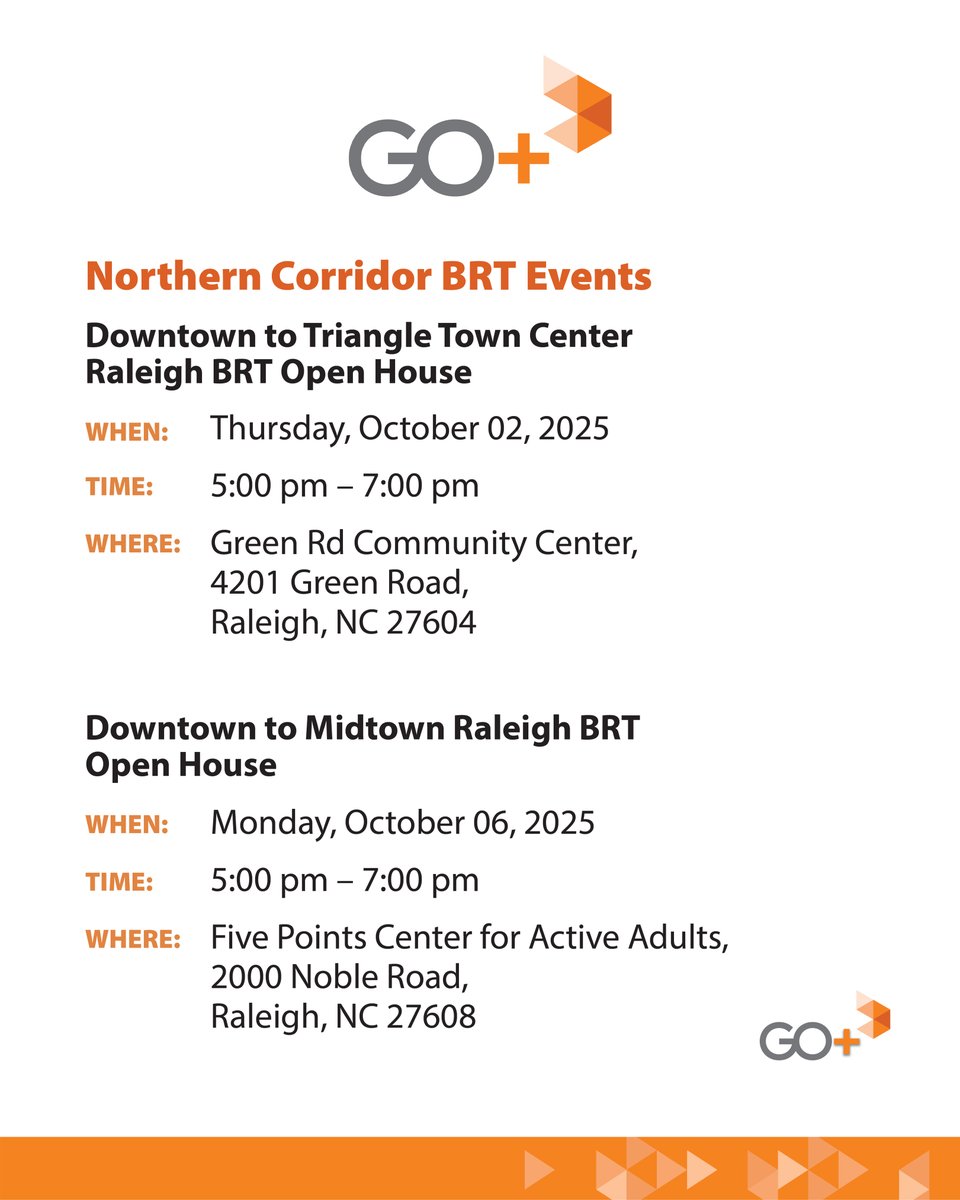 GoRaleighNC's tweet image. 🚍 Help shape the future of transit!

Join us at a Northern Corridor #RaleighBRT Open House:
📅 Oct 2, 5–7 PM | Green Rd Community Center
📅 Oct 6, 5–7 PM | Five Points Center for Active Adults

#GoRaleigh #BRT