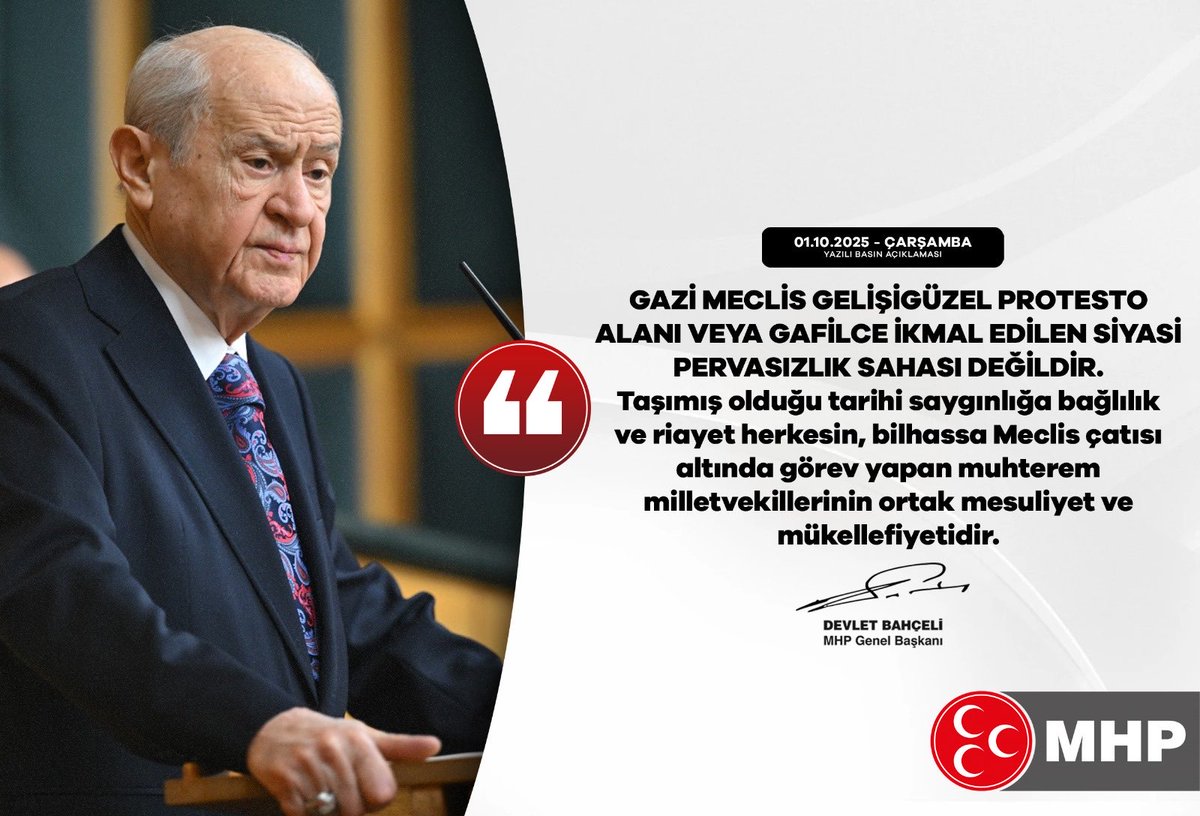 Gazi Meclis gelişigüzel protesto alanı veya gafilce ikmal edilen siyasi pervasızlık sahası değildir.
Taşımış olduğu tarihi saygınlığa bağlılık ve riayet herkesin, bilhassa Meclis çatısı altında görev yapan muhterem milletvekillerinin ortak mesuliyet ve mükellefiyetidir.

MHP