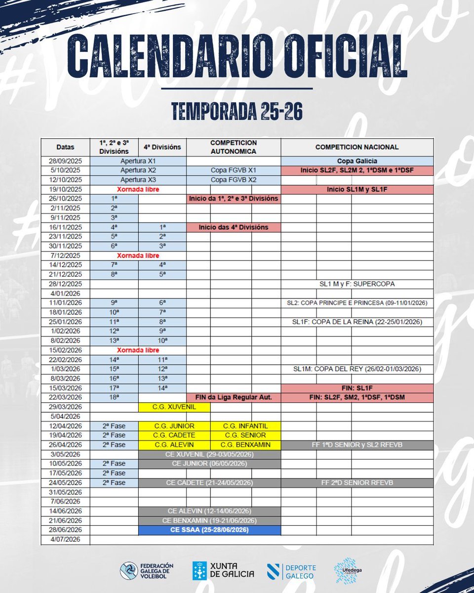 VoleiGalego's tweet image. 🗓️🏐 Un calendario do #voleigalego moi  completo para esta temporada 25-26 !
📂 Gardádeo para telo a man!