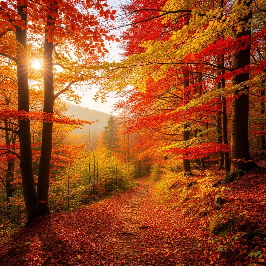 p_chusaengsri's tweet image. A vibrant autumn forest path lined with trees in shades of red, orange, and yellow, illuminated by the soft glow of the sun.
#AutumnGlow #VibrantForest #NaturePath #FallColors #SunlitTrees