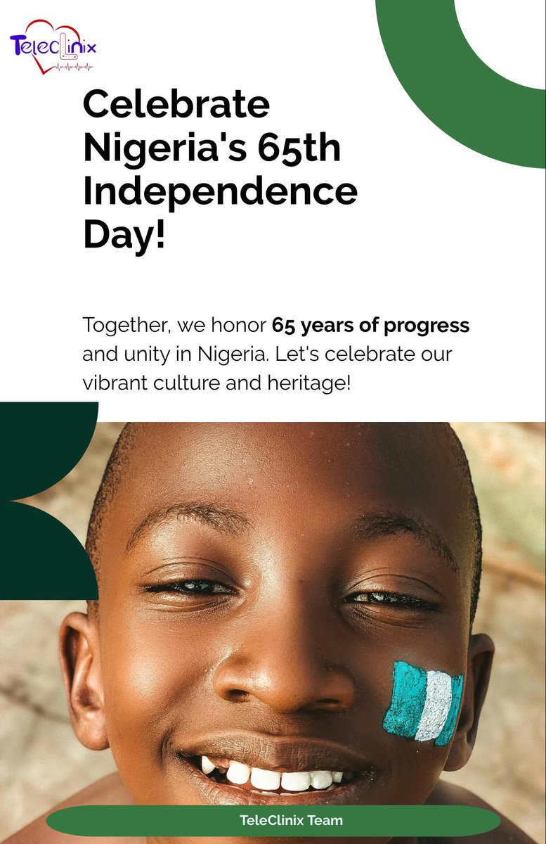 teleclinixltd's tweet photo. Cheers to 65 years of strength and resilience, Nigeria! 🇳🇬💚
As we celebrate today, let’s keep building a future where health and hope are within everyone’s reach..#HappyIndependenceDay #TeleClinix https://t.co/v1LSJnd7GH