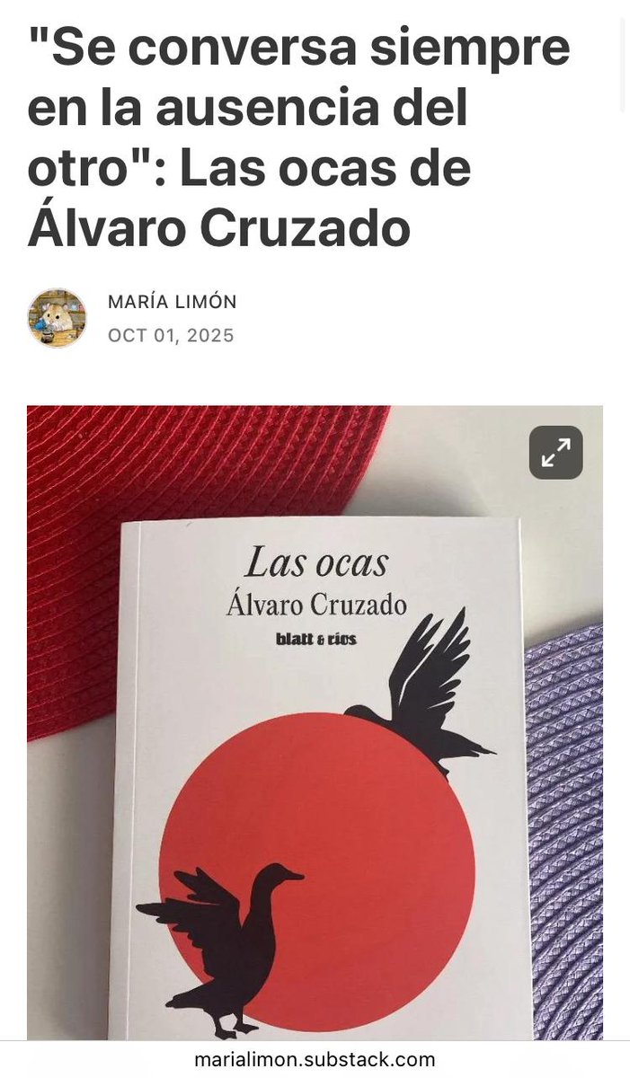 me inicio en Substack para hablar de Las ocas de <a href="/cruzado_alvaro/">Álvaro Cruzado</a>, que llega a librerías la semana que viene. hablo un poquito del libro, pero sobre todo de cómo su lectura me hizo pensar en cuánto quiero al autor: substack.com/@marialimon/no…