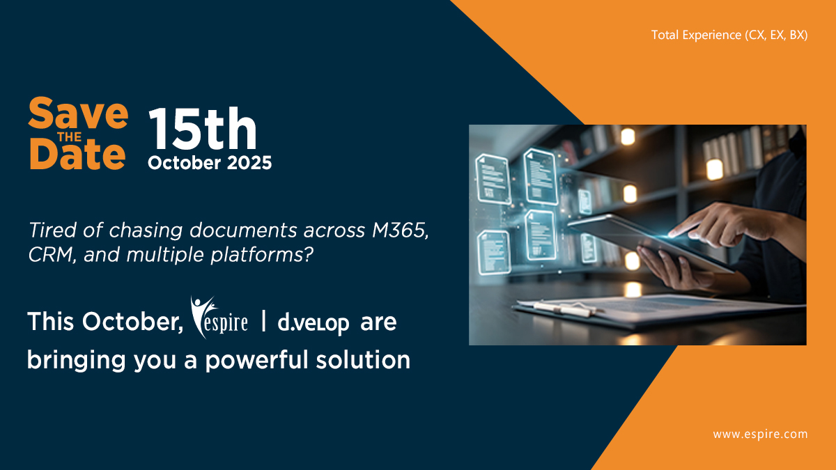EspireInfolabs's tweet photo. Tired of juggling documents across M365, CRM &amp; countless systems? 
You’re not alone; and the solution is closer than you think. 
Mark your calendar: 15th Oct 2025 | 2:00 PM BST
Espire X d.velop are about to change how you manage documents.
#EspireInfolabs #dvelop #Webinar #M365 https://t.co/yAwIFD998S