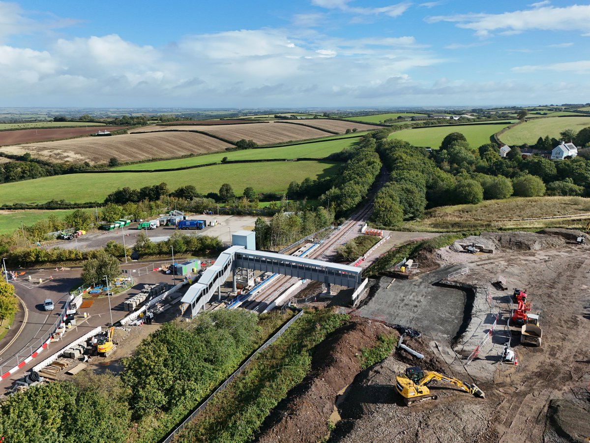 MrTimDunn's tweet photo. Okehampton Parkway is shaping up! @networkrailwest just sent these pics of accessible footbridge, lift &amp; platform at this new station on reopened @GWRHelp Dartmoor Line. Passenger nos already 2x expectation: this new A30 road interchange will pick up more, from summer 2026. Ace. https://t.co/vybj7KgPQR