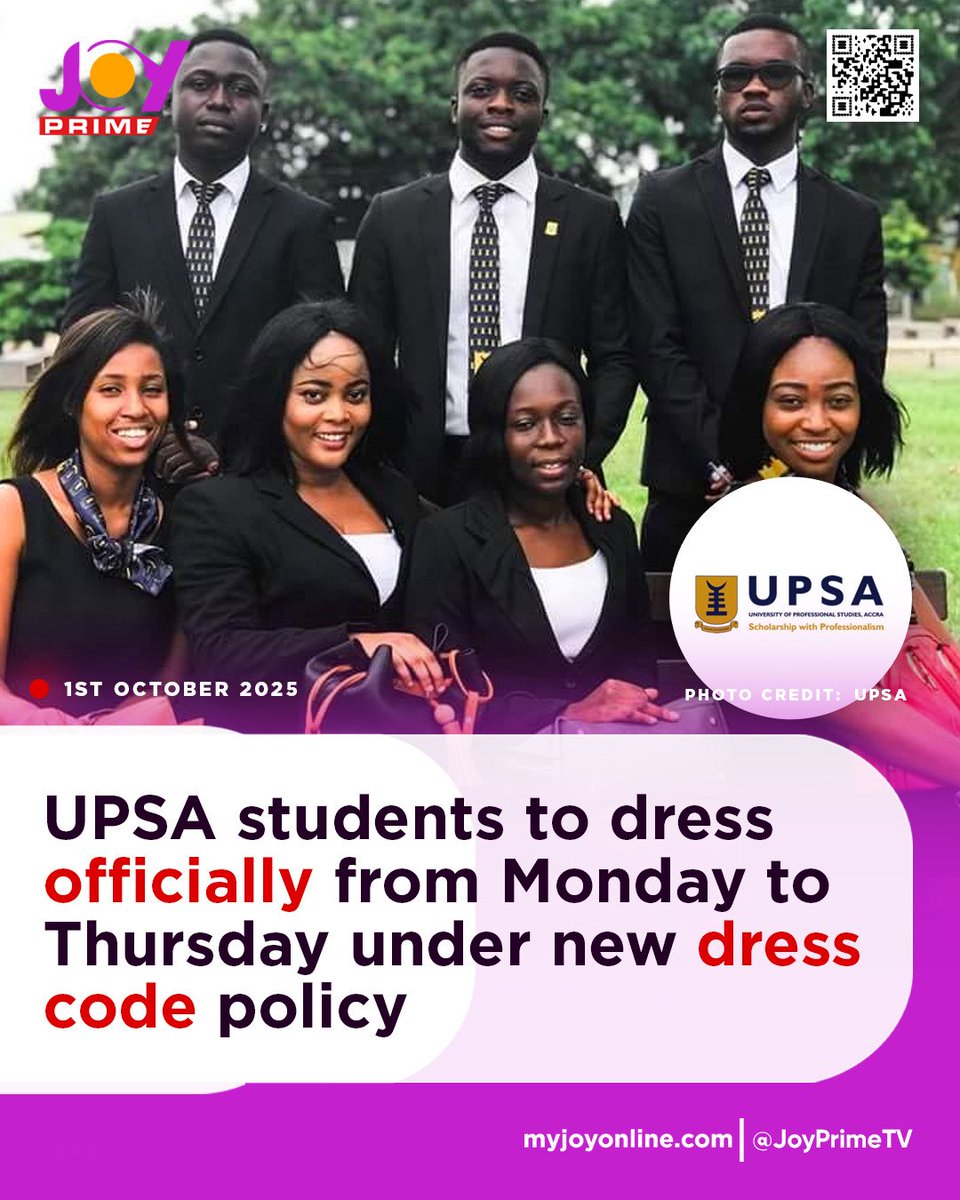 JoyPrimeTV's tweet photo. UPSA students to dress officially from Monday to Thursday under the new dress code policy. 

https://t.co/FHFXyzRKGY

#JoyNews https://t.co/DxQEXSqpd7