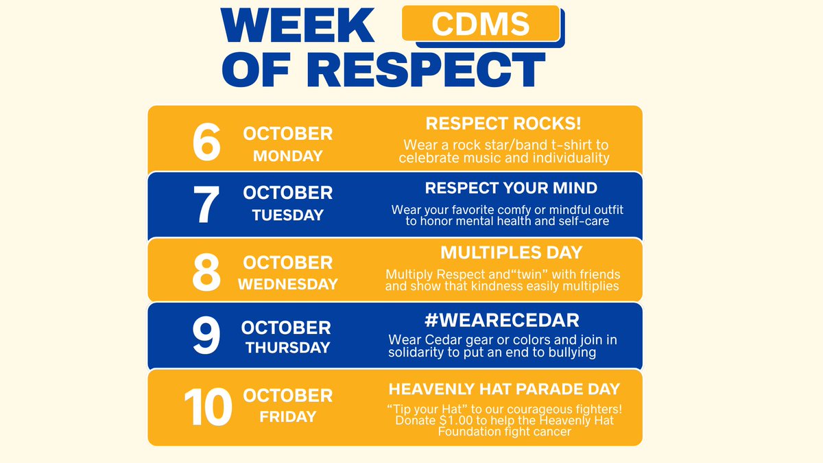 Get ready, Colts—next week is Week of Respect at CDMS! 🐴💙 Each day we’ll celebrate the power of kindness, positivity, and respect through fun activities, spirit days, and classroom lessons. It’s our chance to show what being part of the CDMS community is all about. 🎉