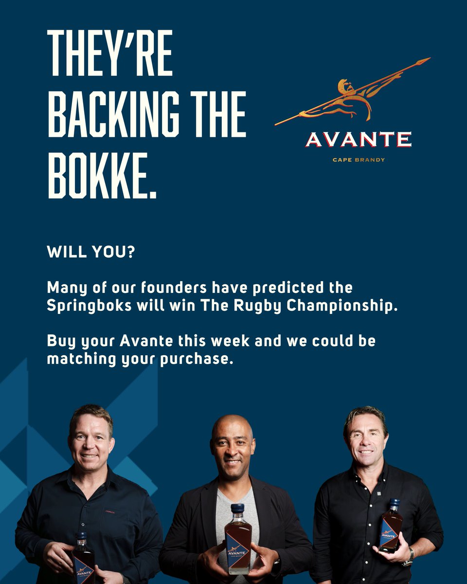 We'll be sharing our founder's predictions during the week but everyone seems to be in agreement - the Springboks are going to win The Rugby Championship. 🏉

Buy your Avante this week, and if the Boks win on Saturday, we'll match your orders. Go Bokke! 🥃