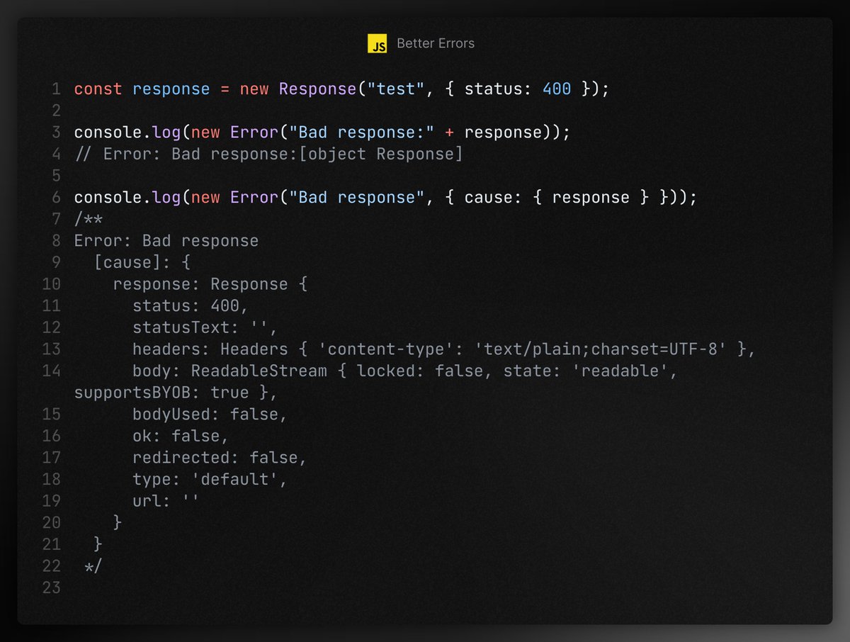 _pi0_'s tweet image. JS pro tip: Add { cause } to errors. Makes debugging and inspection way easier 🔍