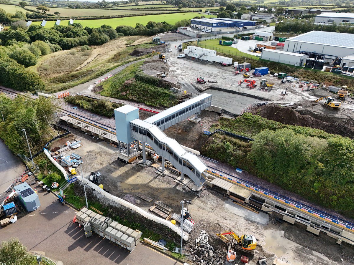 MrTimDunn's tweet photo. Okehampton Parkway is shaping up! @networkrailwest just sent these pics of accessible footbridge, lift &amp; platform at this new station on reopened @GWRHelp Dartmoor Line. Passenger nos already 2x expectation: this new A30 road interchange will pick up more, from summer 2026. Ace. https://t.co/vybj7KgPQR