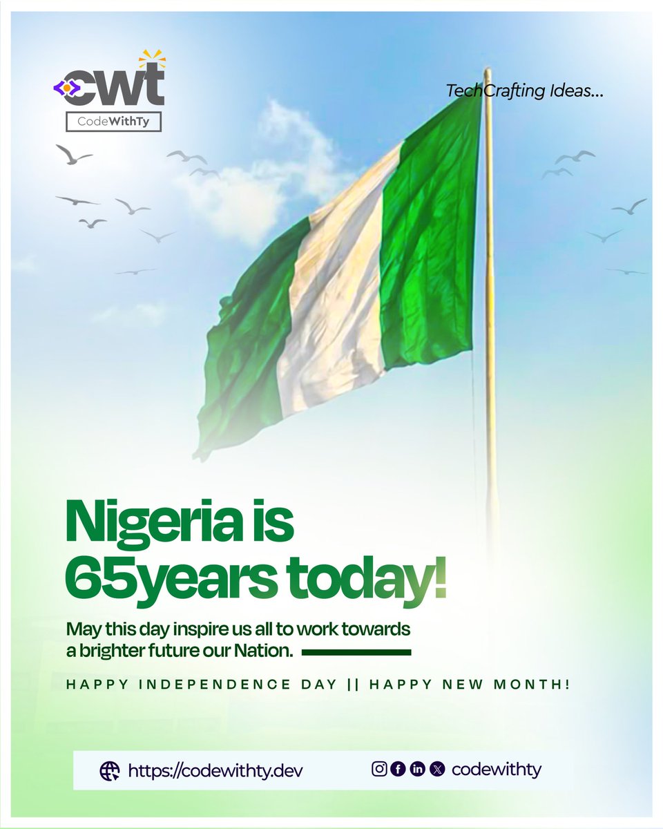 codewithty_'s tweet image. Nigeria turns 65 today 🇳🇬
We’ve come a long way, and the journey continues. Here’s to building a brighter, stronger nation together
If you could change one thing about Nigeria, what would it be? 👇
#NigeriaAt65 #IndependenceDay