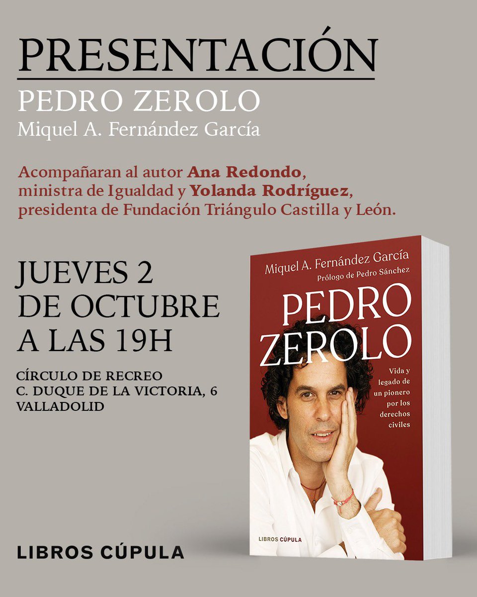 Miquel A. Fernández 🏳️🌈🌹☂️ (@miquel_fer) on Twitter photo Mañana 2 de octubre a las 19h os espero en la presentación del libro “Pedro Zerolo” en #Valladolid en el Círculo de Recreo.
Me acompañarán en la presentación <a href="/_anaredondo_/">Ana Redondo</a> ministra de Igualdad y Yolanda Rodríguez presidenta de <a href="/FTriangulo/">Fundación Triángulo</a> Castilla y León. Mañana 2 de octubre a las 19h os espero en la presentación del libro “Pedro Zerolo” en #Valladolid en el Círculo de Recreo.
Me acompañarán en la presentación <a href="/_anaredondo_/">Ana Redondo</a> ministra de Igualdad y Yolanda Rodríguez presidenta de <a href="/FTriangulo/">Fundación Triángulo</a> Castilla y León.