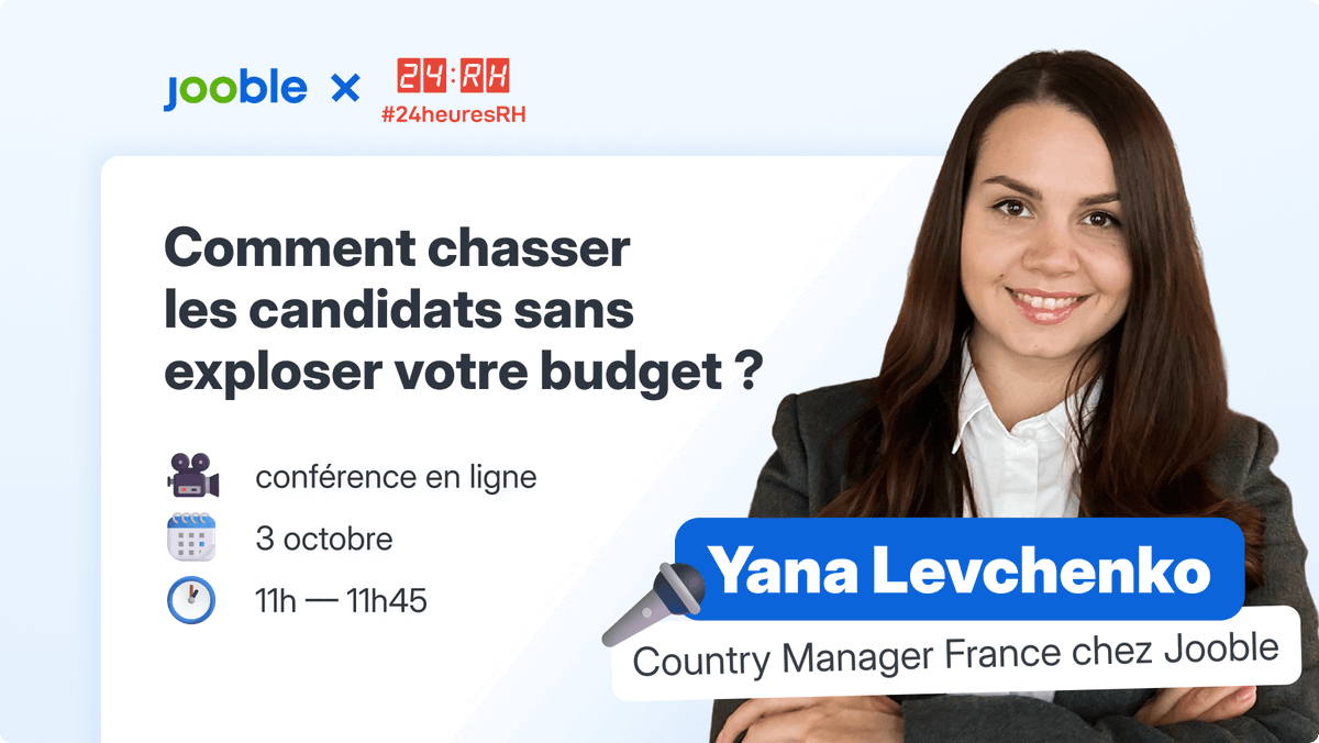 🎯 Recruter sans exploser votre budget ?

👉 RDV le 3/10 à 11h avec Yana Levchenko à #24heuresRH pour découvrir comment booster la visibilité de vos annonces et simplifier le parcours candidat.

📍 Inscription : jooble.link/1B117
