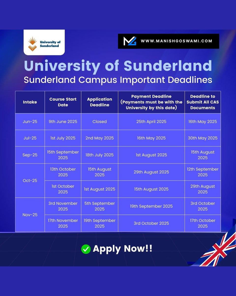 🎓🇬🇧 Study at the University of Sunderland – 2025 Intakes! 🇬🇧🎓

📌 Upcoming Intake Deadlines – Sunderland Campus

✅ June 2025

Course Start: 9th June 2025

Application Deadline: CLOSED

✅ July 2025

Course Start: 1st July 2025

Application Deadline: 2nd May 2025

Payment