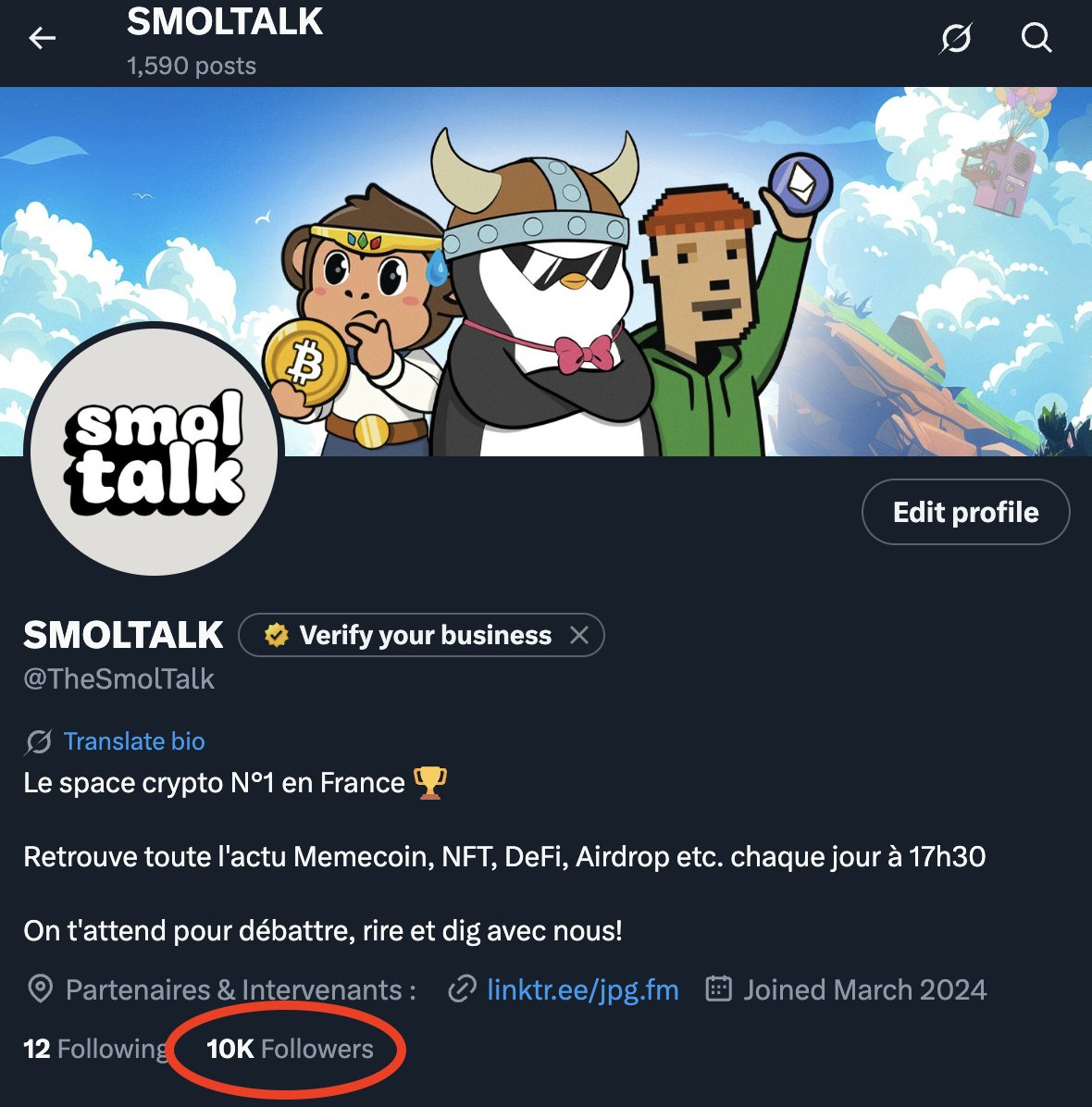 10 000 mercis aux + de 10 000 personnes qui follow désormais <a href="/smoltalk/"></a> 💜

Je ne sais pas si on se rend bien compte de la dinguerie, mais on a dépassé les 300 émissions avec, en moyenne, entre 2 et 5k écoutes quasi TOUS LES JOURS sur X

Qu’il pleuve, qu’on aille à 0, qu’il