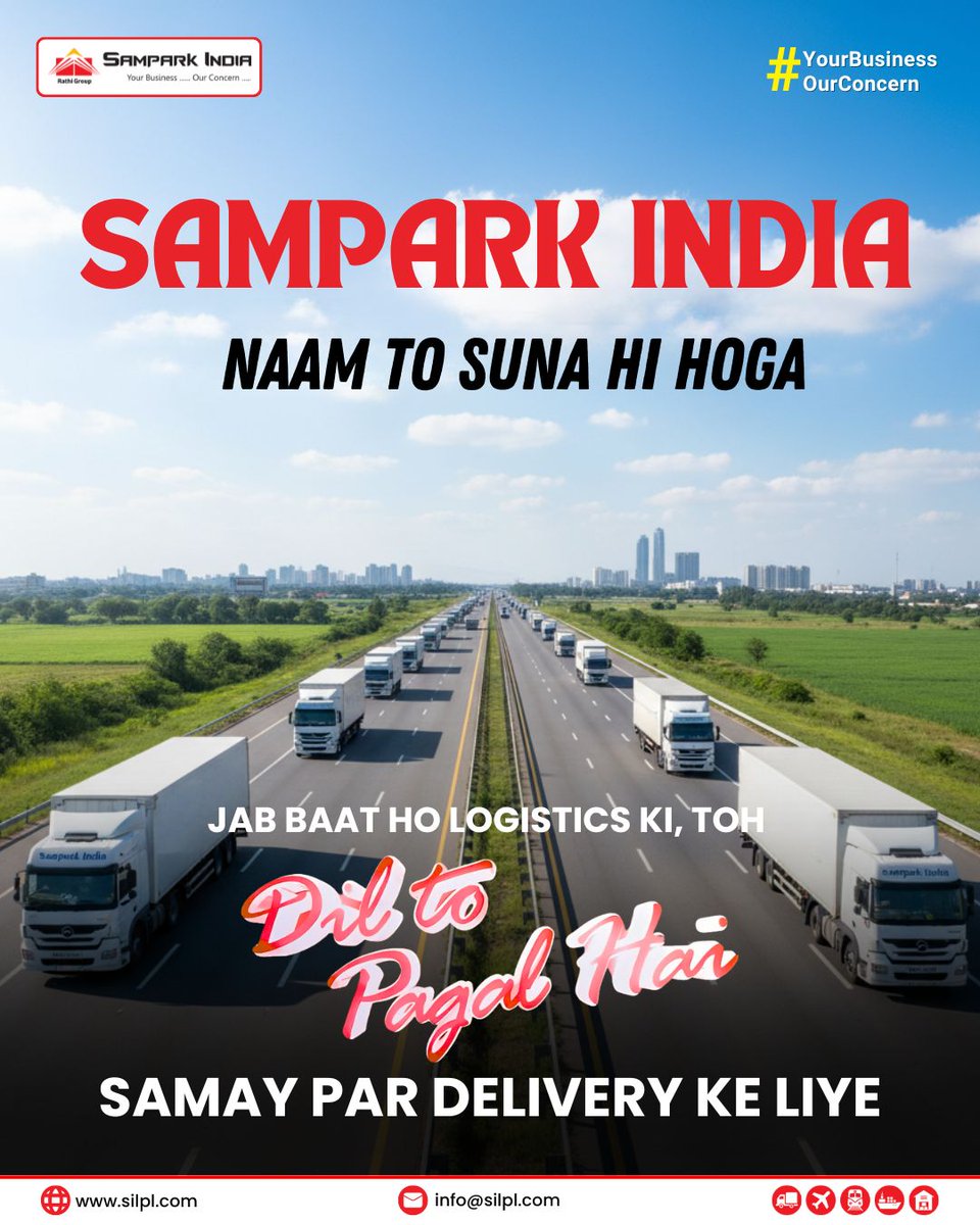 SilplIndia's tweet image. #SamparkIndia – Naam toh suna hi hoga! When it comes to logistics, we know ‘Dil toh pagal hai’ for on-time delivery. 
🌐:silpl.com
📧: info@silpl.com
📞: 24x7 +91-9015150000
#ontimedelivery #logisticsmadeeasy #smartshipping # #samparkindialogistics #rathigroup