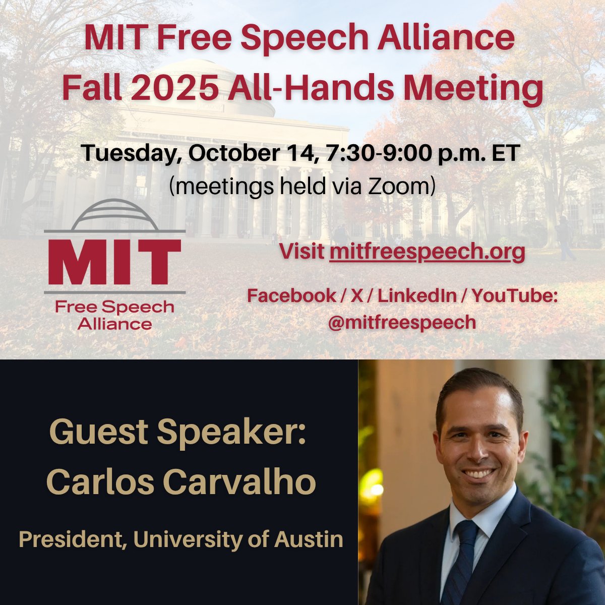 MIT Free Speech Alliance (@mitfreespeech) on Twitter photo Our final all-hands meeting of the year is a little less than 2 weeks away, and we're thrilled to have <a href="/uaustinorg/">University of Austin (UATX)</a> President Carlos Carvalho joining as our guest speaker. You won't want to miss the discussion! More info, and registration information, in next post. Our final all-hands meeting of the year is a little less than 2 weeks away, and we're thrilled to have <a href="/uaustinorg/">University of Austin (UATX)</a> President Carlos Carvalho joining as our guest speaker. You won't want to miss the discussion! More info, and registration information, in next post.