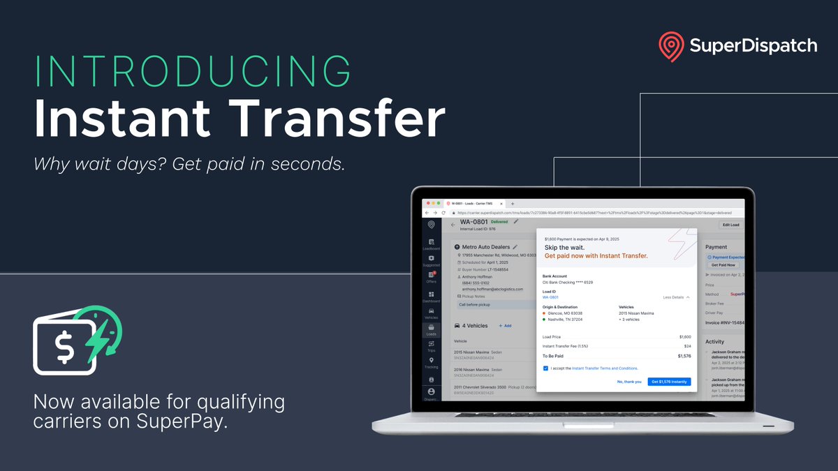 💸 Fuel, payroll, repairs — expenses can’t wait.
Now, neither do payments.

Introducing Instant Transfer, a new feature inside SuperPay that gets eligible carriers paid in seconds, 24/7/365. 🚀

Cash flow without the wait → bit.ly/4nS9TOy