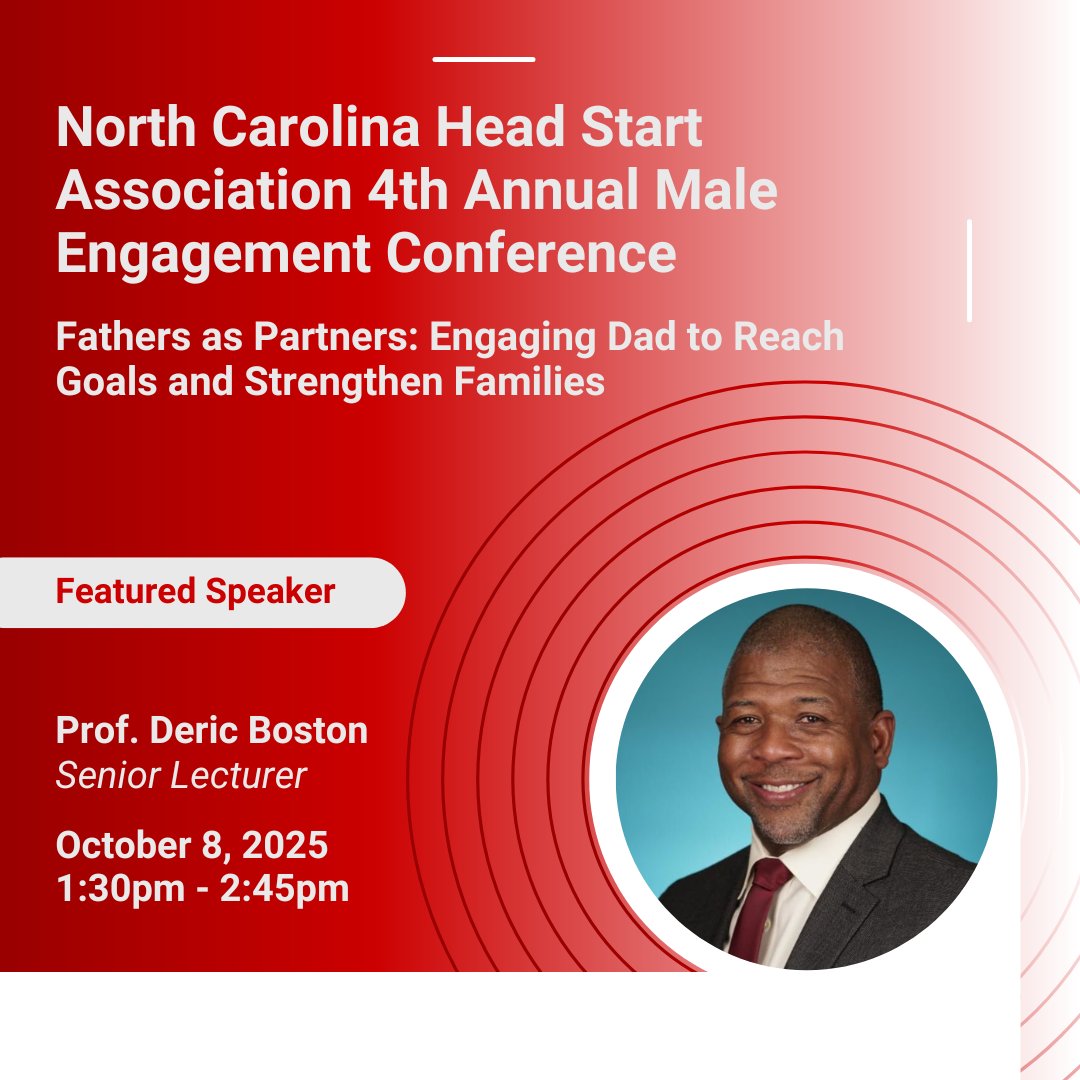 Prof. Deric Boston has been selected to be a speaker at the upcoming <a href="/NCHeadStart/">North Carolina Head Start</a> Male Engagement Conference!

As part of this event, he will contribute to their purpose of providing a dynamic experience dedicated to the engagement, learning, and equipping of men and fathers.
