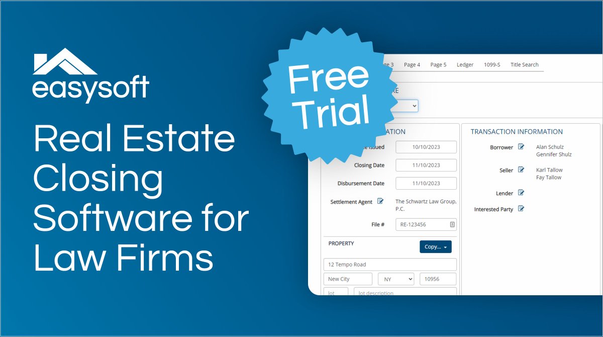 Easysoft is purpose-built for #realestateclosings—automated CDs/HUDs, tax prorations &amp; transfers, 1099-S eFiling, and more. Close up to 70% faster, from intake to disbursement. Start your full-featured 7-day trial: bit.ly/3017XOt