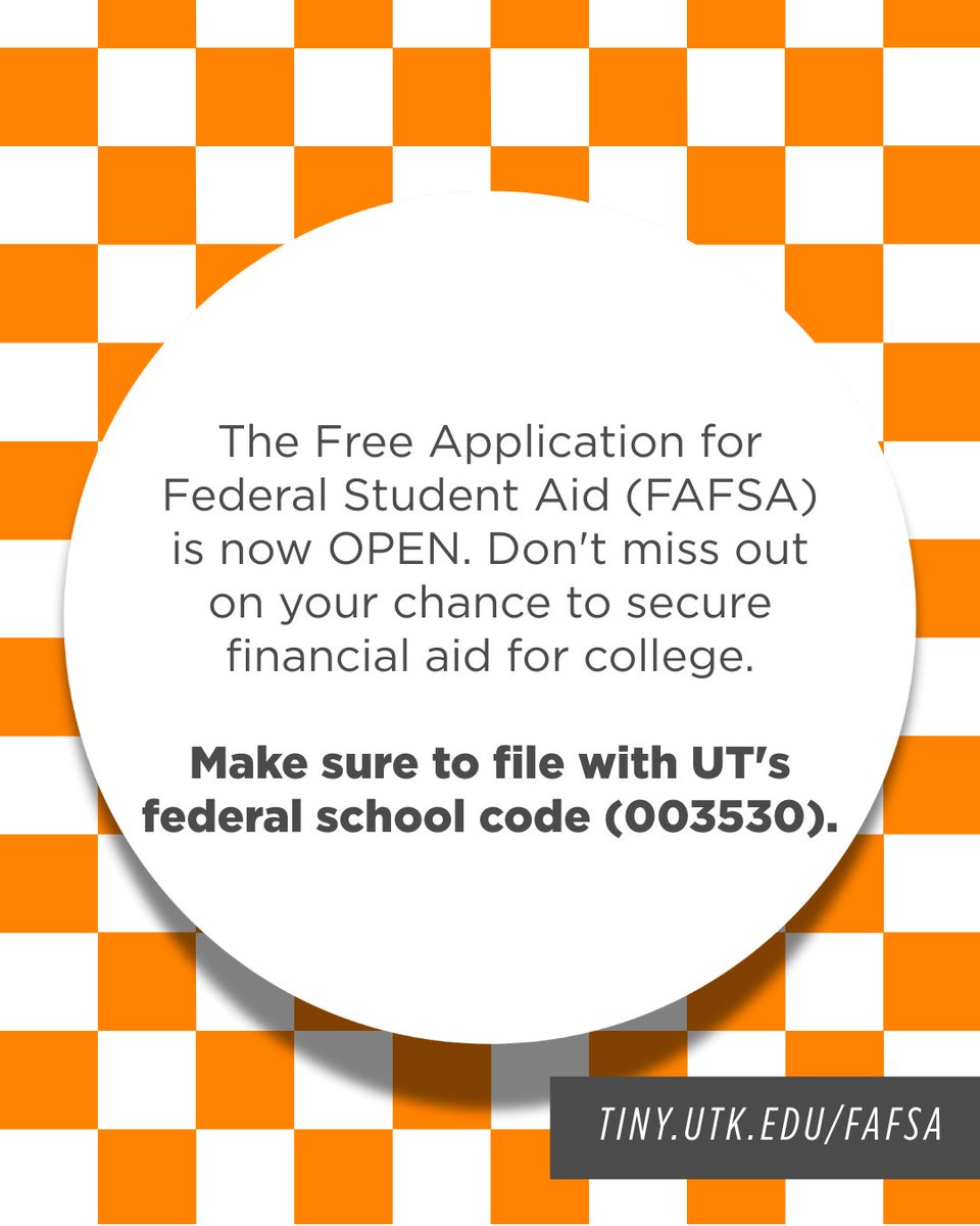 The Free Application for Federal Student Aid (FAFSA) is OPEN! 💻 

UT students need to complete their FAFSA every year to apply for or remain eligible for most types of aid. #FutureVols #UTK30

onestop.utk.edu/scholarships-f…