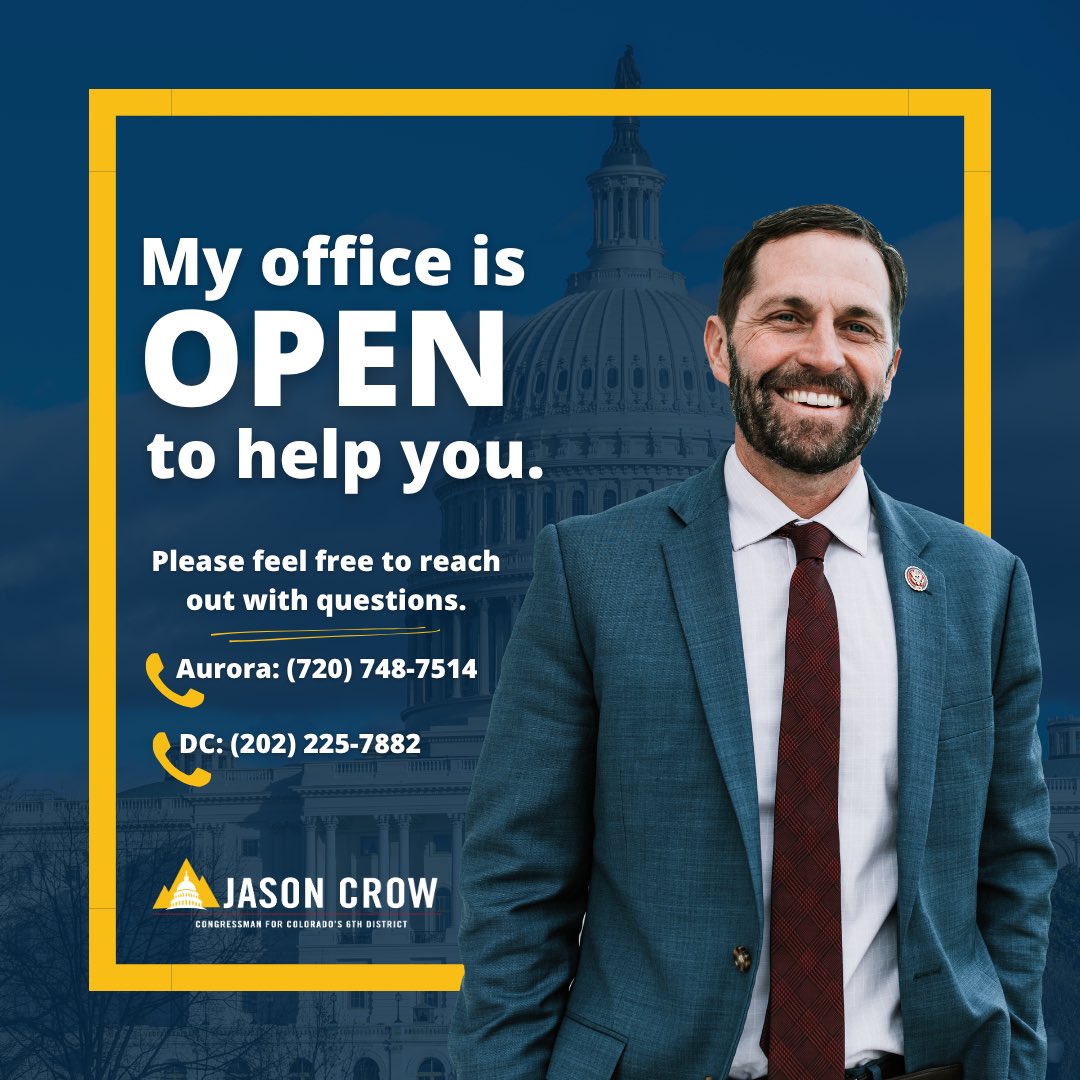 RepJasonCrow's tweet image. The federal government is shut down. But my offices are OPEN to help Coloradans.

Please reach out if you have questions or need help navigating federal agencies.