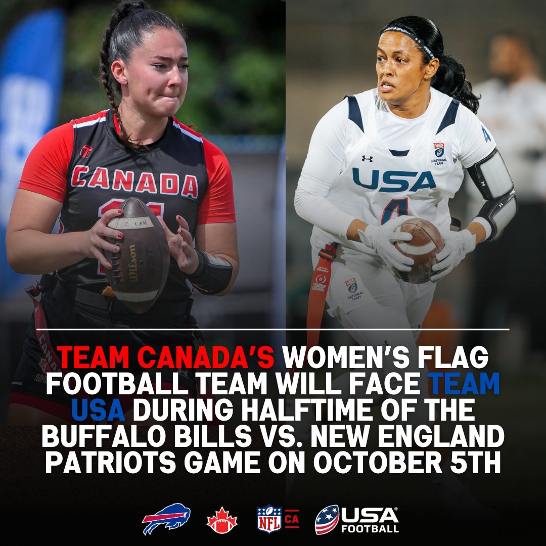 ICYMI: Canada’s Women’s National Flag Football Team will face Team USA during halftime of the Buffalo Bills vs. New England Patriots game on October 5 at Highmark Stadium.

Full Details ➡️ tinyurl.com/ysm5cd53