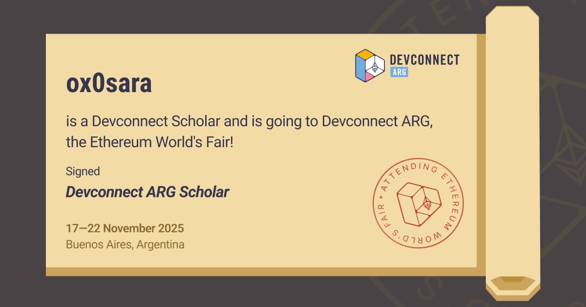 ox0sara's tweet image. 1/4 Excited to share that I’ve been selected as a Devconnect Scholar 2025!🪼 ✨🤗

@ethereum, @ethereumfndn, @EFDevcon, @EFNextBillion @youfoundperrie @OrnellaWeb3