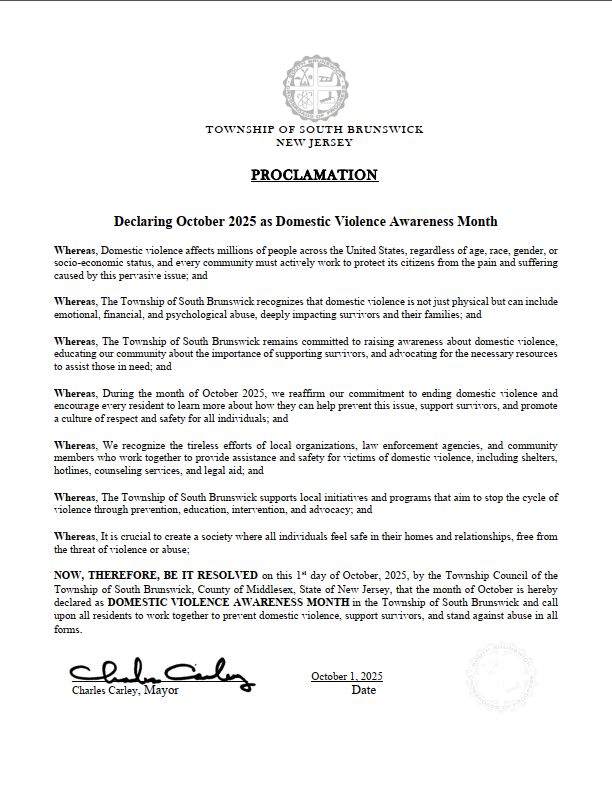 Mayor Charlie Carley has declared October as both Breast Cancer Awareness Month 🩷 and Domestic Violence Awareness Month 💜.

Read the full Proclamations on our homepage ➡️ southbrunswicknj.gov
under News &amp; Notifications.