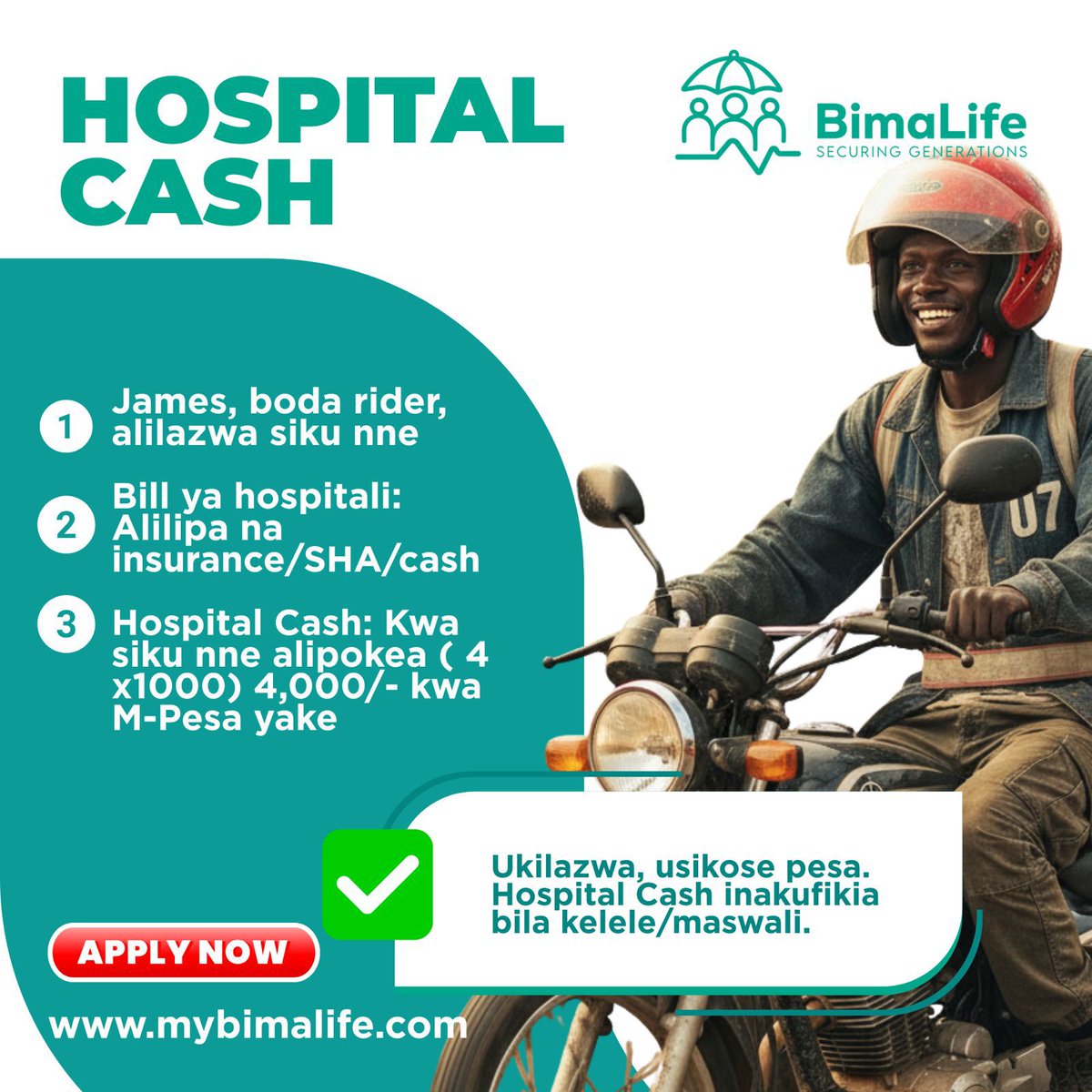 Hospital stays shouldn’t mean broke days. Earn KSh 1,000 daily while admitted (up to 50 days). Anyone 18–75 can join for only KSh 1,050/year. 15-day wait. 
Apply: mybimalife.com @mybimalife”
