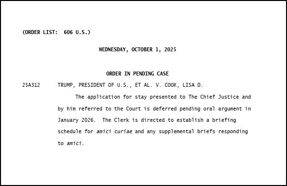 SCOTUS: No Mr President, you can't fire Lisa Cook from the Fed. At least not without a hearing. Come argue in January.

If it takes them time to rule, this might be enough to keep her on the Board until February, when she could vote to reappoint the Regional Fed Presidents.