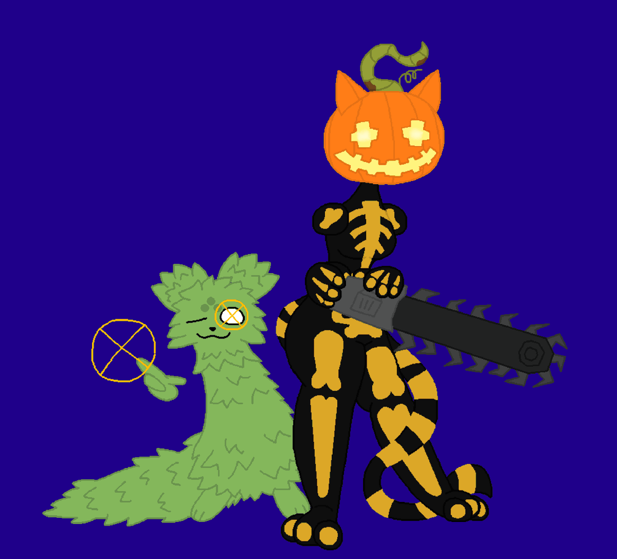 CappJakk's tweet photo. Saint from Rain World and that Pumpkin Cat from Fortnite 
(I do not know what caused me to draw them together)
#Rainworld #Fortnite https://t.co/05HfAOUFSQ