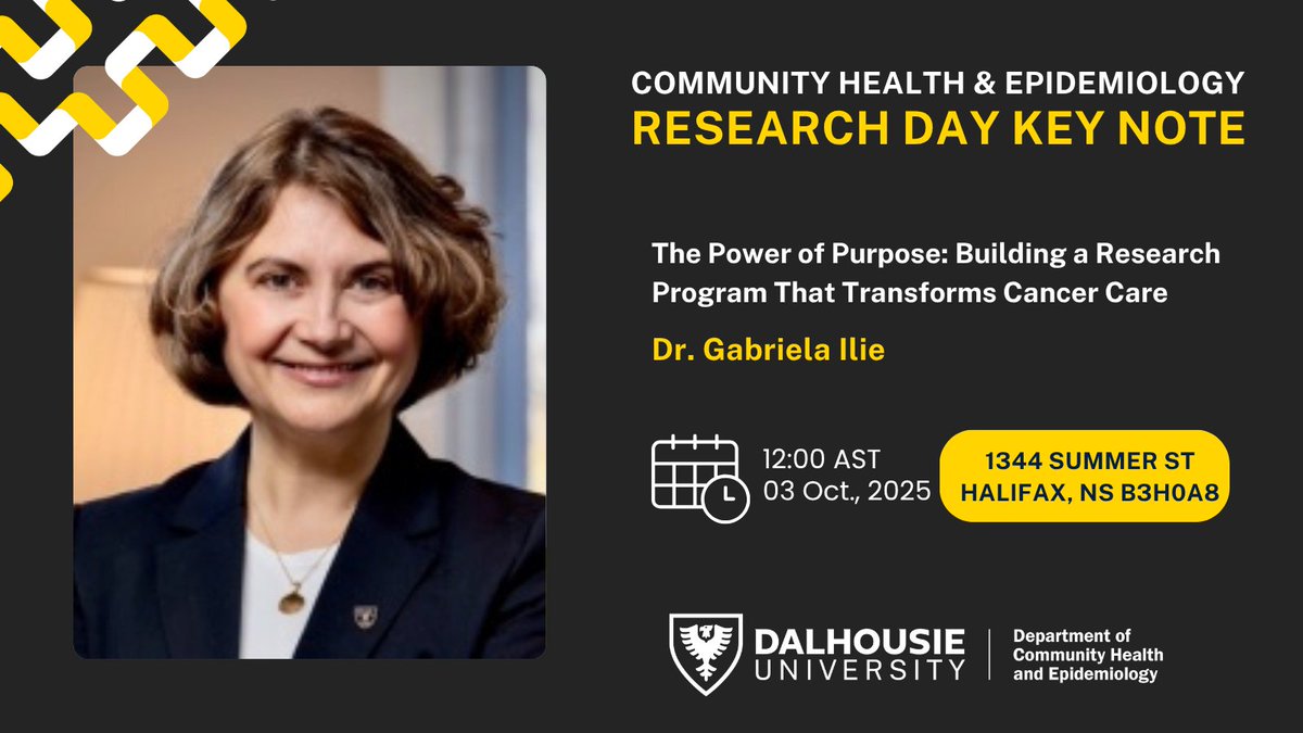 Join us this Friday for CH&amp;E's Research Day Keynote, where <a href="/GabrielaIDr/">Gabriela Ilie</a> will present "The Power of Purpose: Building a Research Program That Transforms Cancer Care." October 3, 12pm, 1344 Summer St. Halifax, NS B3H0A8 (in person only)