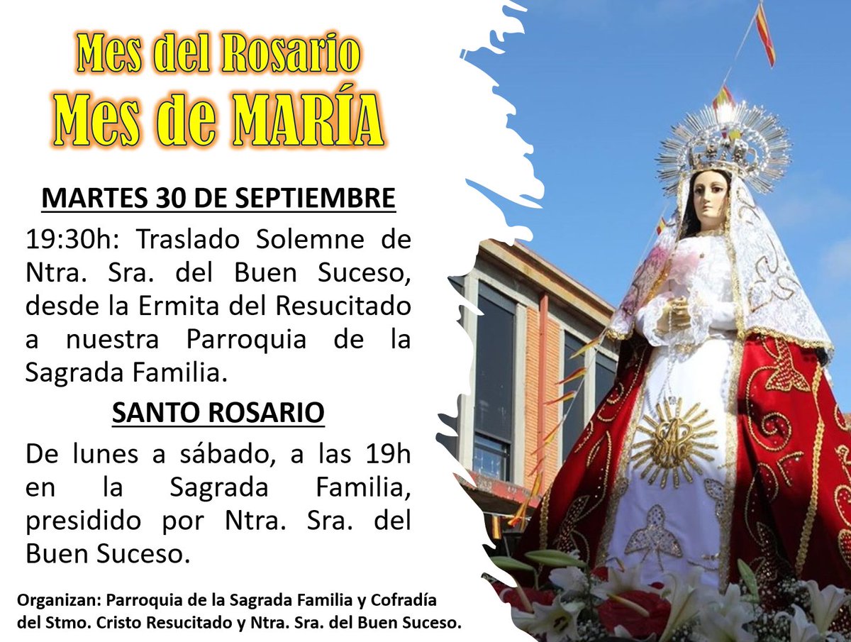 A las 19h en nuestra querida <a href="/SagradaAvila/">Parroquia Sagrada Familia Ávila</a>,dará comienzo el Mes del #SantoRosario, presidido por la #VirgenDelBuenSuceso.
Invitamos a todos nuestros hermanos cofrades, portando su medalla, a asistir a estos bellos días en torno a la Stma. Virgen. #Ávila #SomosDelResucitado
