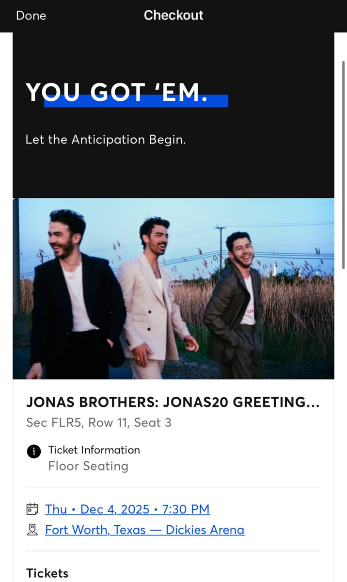 Nany_A's tweet photo. Got ‘em !!! see you in Fort Worth 😍🙌🏼 @jonasbrothers @joejonas @nickjonas @kevinjonas https://t.co/AqwgvyJrgx