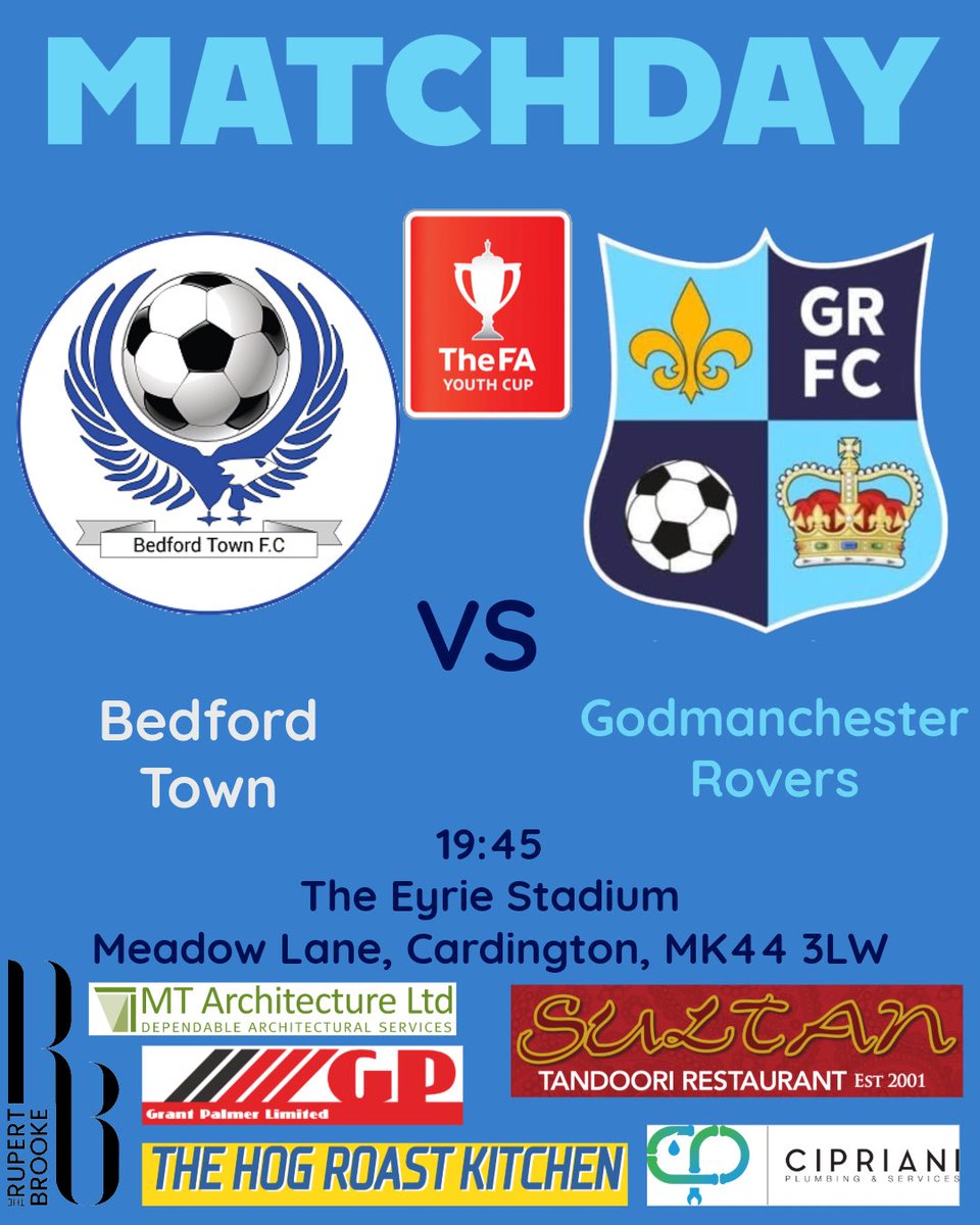 MATCHDAY: 
Tonight we make the trip over to <a href="/BedfordTown/">Bedford Town FC</a> in the FA Youth Cup 2nd Qualifying Round. 
Please note it is £2.50 entry CASH ONLY. 

Come and support the goddy boys!! 

<a href="/GoddyRoversFc/">Godmanchester Rovers</a> #UTG 🔵⚪️