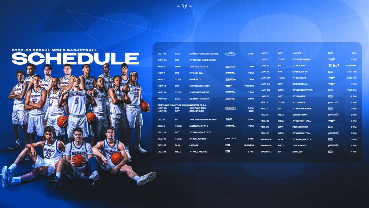 DePaulHoops's tweet photo. Tip times &amp; TV networks are set. 

See you on the court soon. 

🎟️ https://t.co/ogTawMkGRf
📰 https://t.co/xsuFrUAp9S
🗓️ https://t.co/pDW9jei2Uu https://t.co/OugS07cjOK