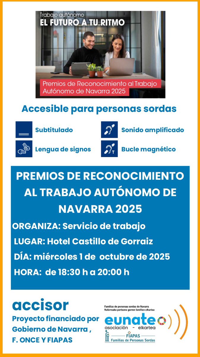 El Servicio de Trabajo de <a href="/gob_na/">Gobierno de Navarra</a>  entrega los Premios al trabajo autónomo de Navarra 2025.
Acto accesible para personas sordas