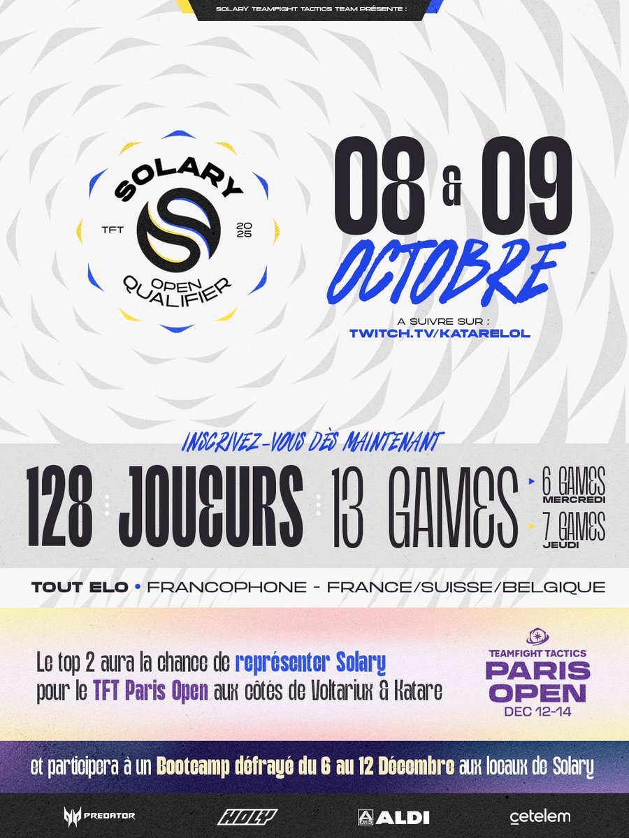 🚨 Le TFT Solary Open Qualifier ouvre ses portes 🚨

Les 2⃣ gagnants de cet Open Qualifier représenteront nos couleurs aux TFT Paris Open et gagneront en plus une semaine de bootcamp dans nos locaux !

Pour tenter ta chance c'est ici 👉 forms.gle/AhhuitvxyPawNs…