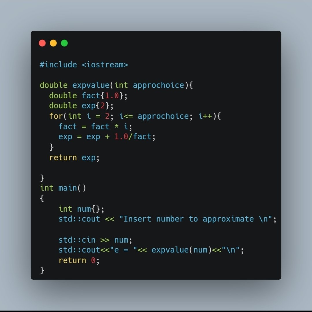 ether_sage's tweet image. Started of with exponetial function in Allans book.  the book writes e ≈ 2 + Σ (1/k!),  k=2..N
  (same as the usual Standard: e ≈ Σ (1/k!),  k=0..N. since 1/0! + 1/1! = 2 ). My C++ code implements the finite sum with the book wishes . Thoughts? #AppliedMath #cpp
