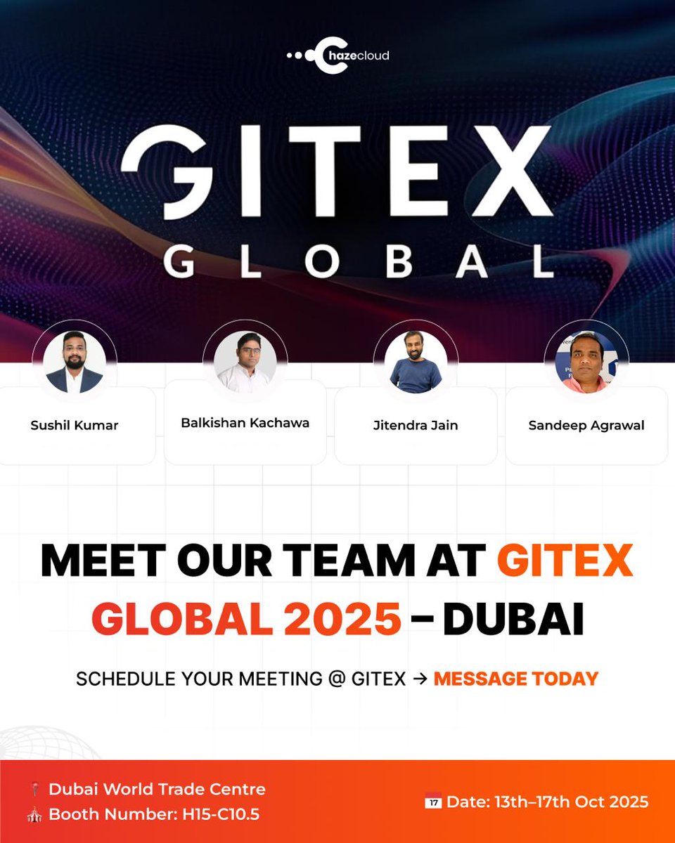 Team Chazecloud is at GITEX GLOBAL 2025! 🌍✨

📅 13–17 Oct | 📍 DWTC, Booth H15-C10.5

Meet our experts — Sushil Kumar, Balkishan Kachawa, Jitendra Jain &amp; Sandeep Agrawal — driving cloud innovation.💡
👉 chazecloud.com

#GITEX2025 #ChazeCloud #Salesforce #AI #Dubai