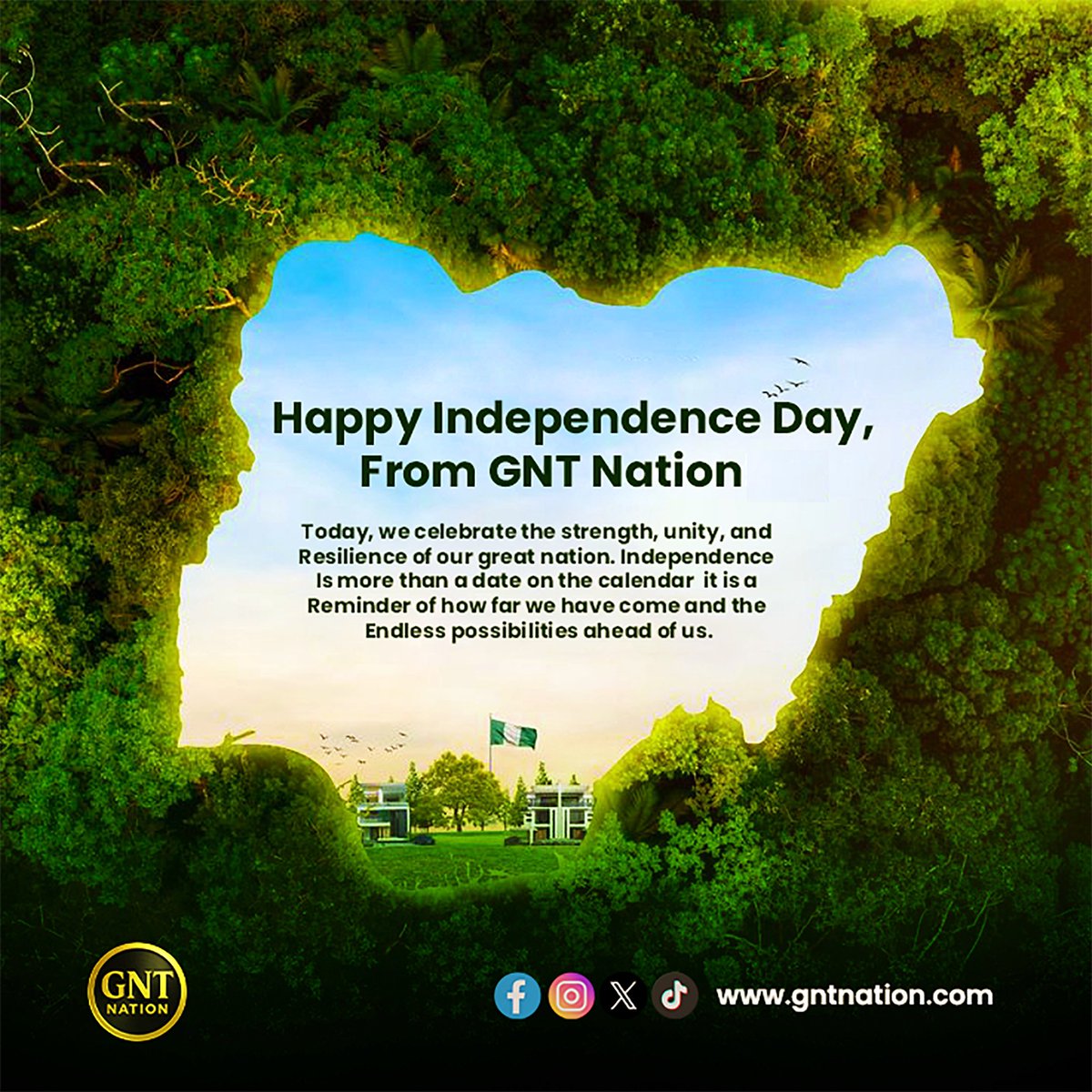 Happy Independence Day, Nigeria! 🇳🇬

Today, We celebrate the strength, unity, and endless possibilities of our great nation. 

From all of us at GNT Nation, may the journey ahead be filled with progress and success.

#IndependenceDay
#NigeriaAt65
#GNTNation
#proudlynigeria