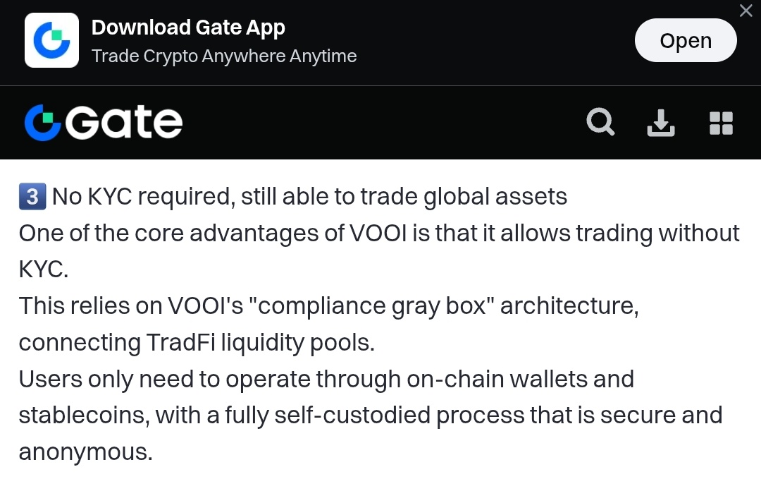 Does <a href="/vooi_io/">vooi</a> require KYC?
Vooi does not require KYC. 

Vooi is very easy to use because there is no KYC required. All features can be used by just connecting wallets. It is a great place to start with Crypto #defi #web3 

<a href="/antix_in/">Antix.in</a> <a href="/VeloraDEX/">Velora (formerly ParaSwap)</a> <a href="/LABtrade_/">LAB</a> <a href="/Almanak__/">Almanak</a> <a href="/RaylsLabs/">Rayls</a>