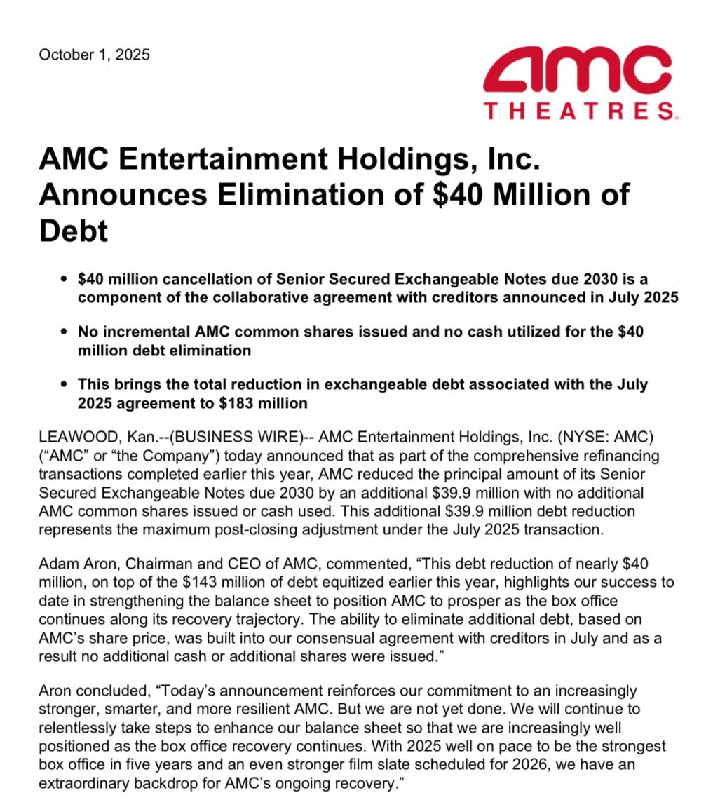 Practicalstocks's tweet image. 🚨BREAKING NEWS: $AMC ELIMINATES $40 MILLION in DEBT‼️