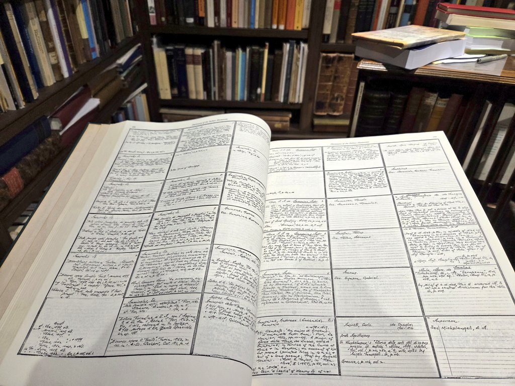 AntigoneJournal's tweet image. This is a pretty wild set: a dictionary of Italian humanists, made up by reproducing 70,000 manuscript slips, with 18 per page. Weighs about the same as a Nissan Micra.